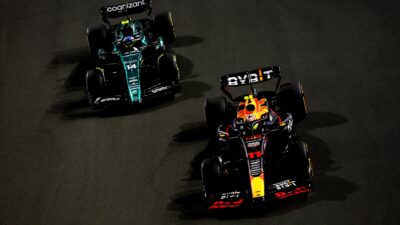 Sergio Perez ahead of Fernando Alonso in the 2023 Saudi Arabian GP