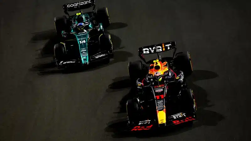Sergio Perez ahead of Fernando Alonso in the 2023 Saudi Arabian GP