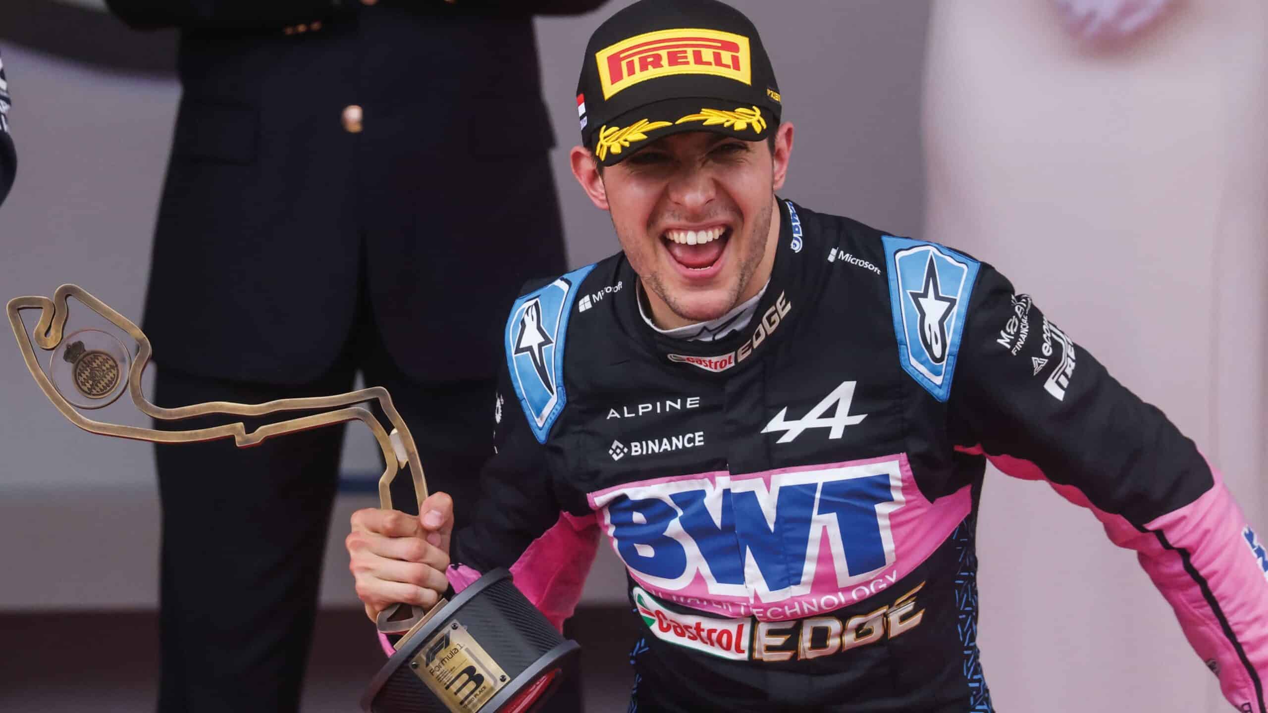 Estan Ocon celeberates podium