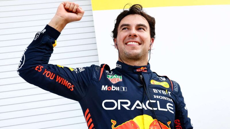 Sergip Perez pumps his fist after qualifying on pole for the 2023 Miami GP