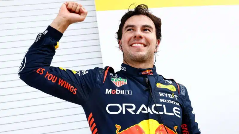 Sergip Perez pumps his fist after qualifying on pole for the 2023 Miami GP