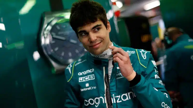Lance Stroll in Aston Martin pit garage