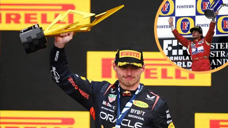 Max Verstappen and Ayrton Senna celebrate their 41st F1 victories