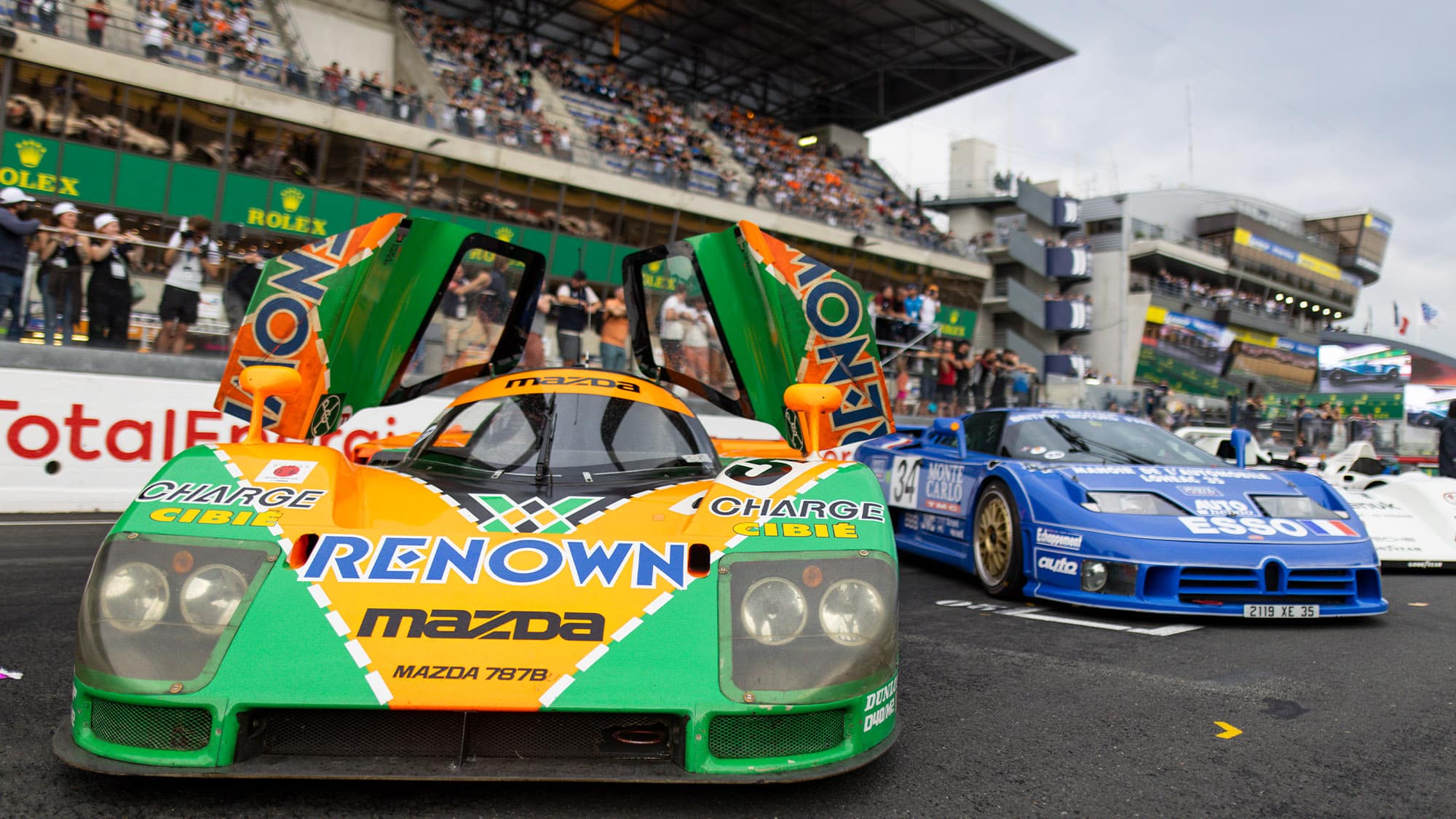 Mazda 787 and Bugatti EB110 in Le Mans heritage parade