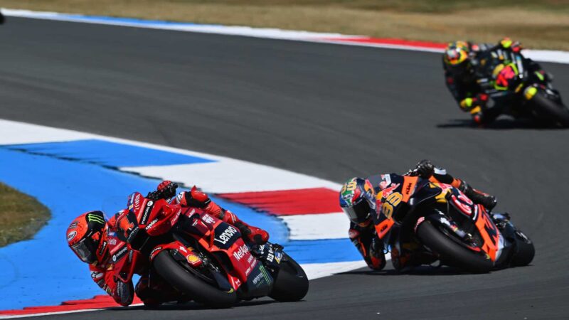 Pecco Bagnaia leads Brad Binder in 2023 MotoGP Assen TT