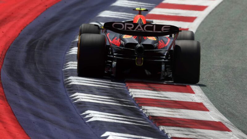 Sergio Perez on the kerb in 2023 Austrian GP qualifying