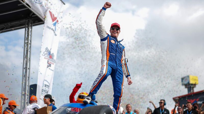 Scott Dixon raises his fist as he celebrates 2023 Saint Louis IndyCar win