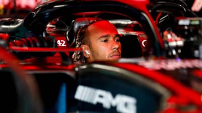 Lewis-Hamilton-sits-in-cockpit-of-2023-Mercedes-F1-car-ahead-of-Japanese-Grand-Prix