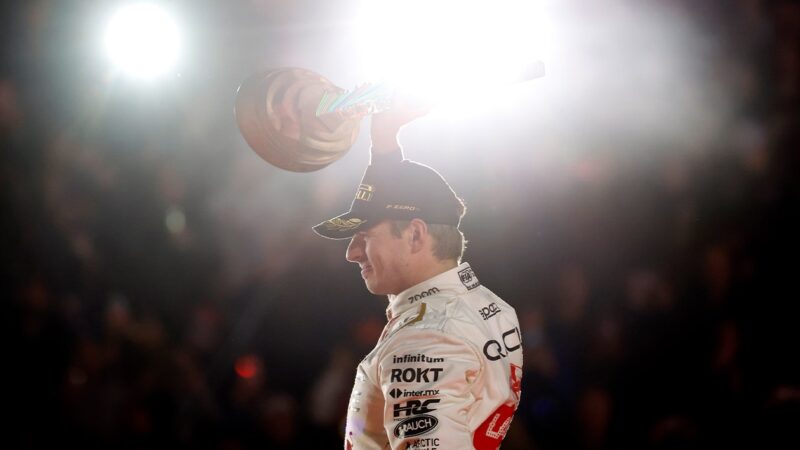 Max Verstappen lifts trophy after winning the 2023 Las Vegas GP