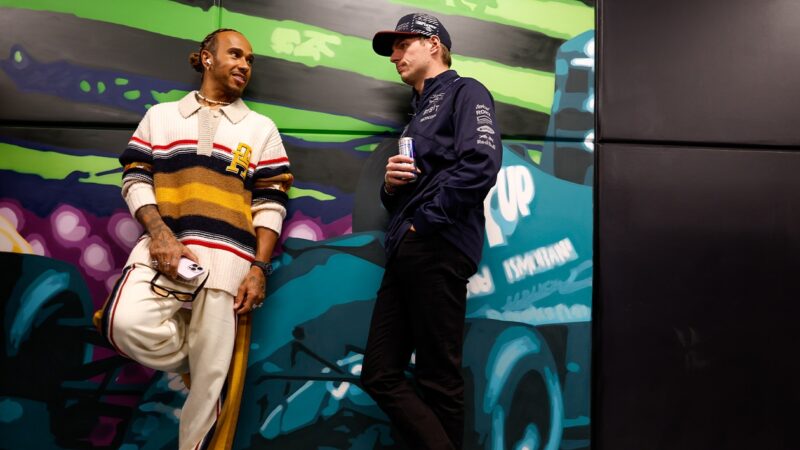 Max Verstappen talks to Lewis Hamilton at 2023 Las Vegas GP