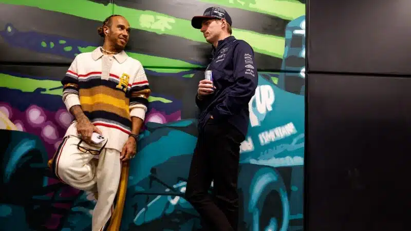 Max Verstappen talks to Lewis Hamilton at 2023 Las Vegas GP