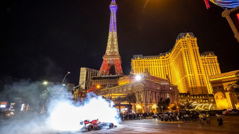 Tyre smoking Red Bull at Las Vegas GP demonstration event