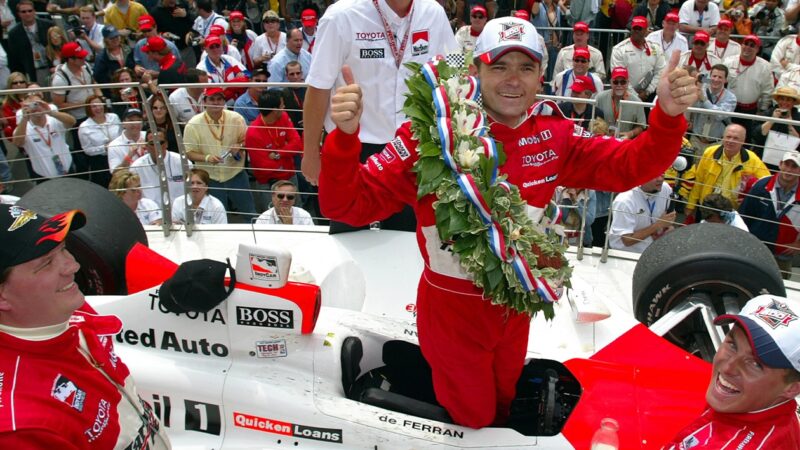 Gil de Ferran on Indy 500 podium after winning 2003 race