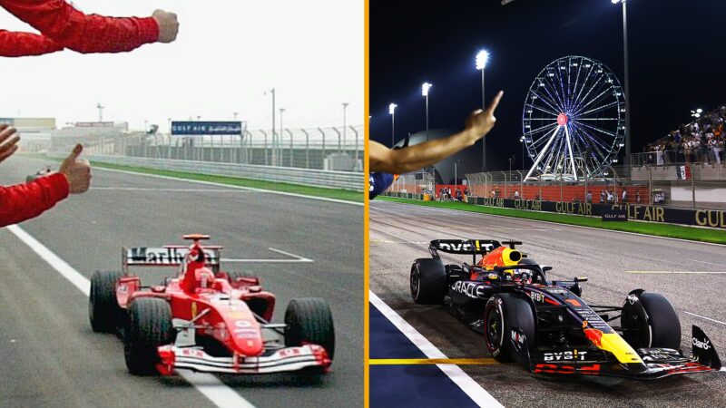 Ferrari of Michael Schumacher crosses the line to win in F1 in 2004, as does Max Verstappen in 2023