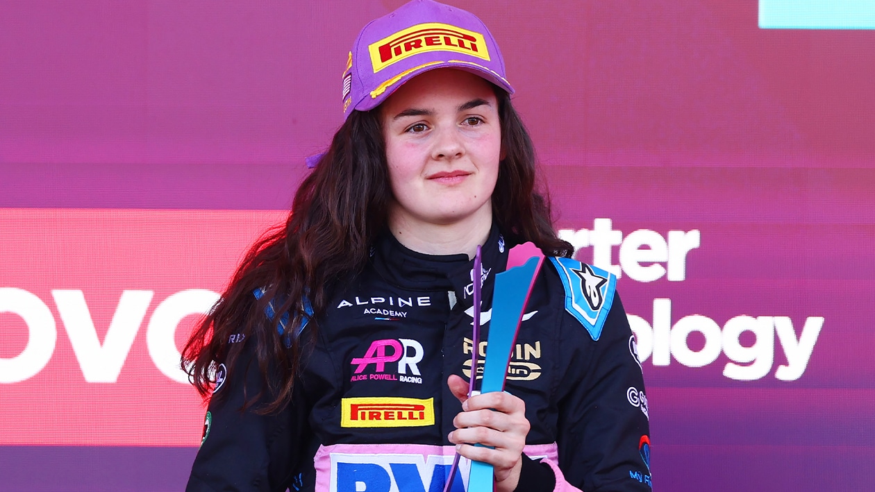 Abbi Pulling on F1 Academy podium at 2023 United States round
