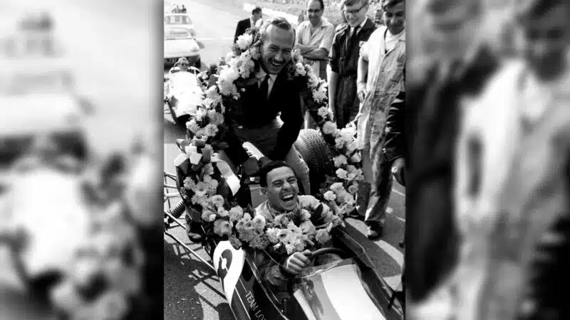 Jim Clark and Colin Chapman enjoy victory