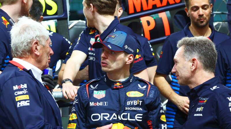Max Verstappen between Helmut Marko and Christian Horner at 2024 Saudi Arabian GP