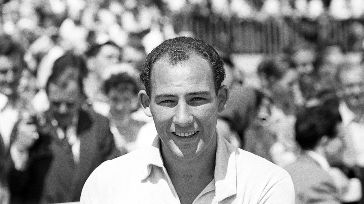 Stirling Moss portrait at Aintree British Grand Prix in 1955