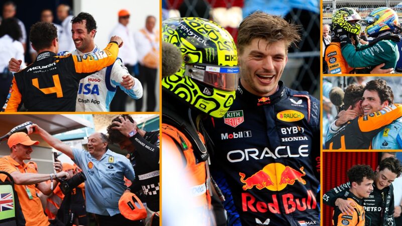 Montage of drivers congratulating Lando Norris on winning 2024 F1 Miami GP