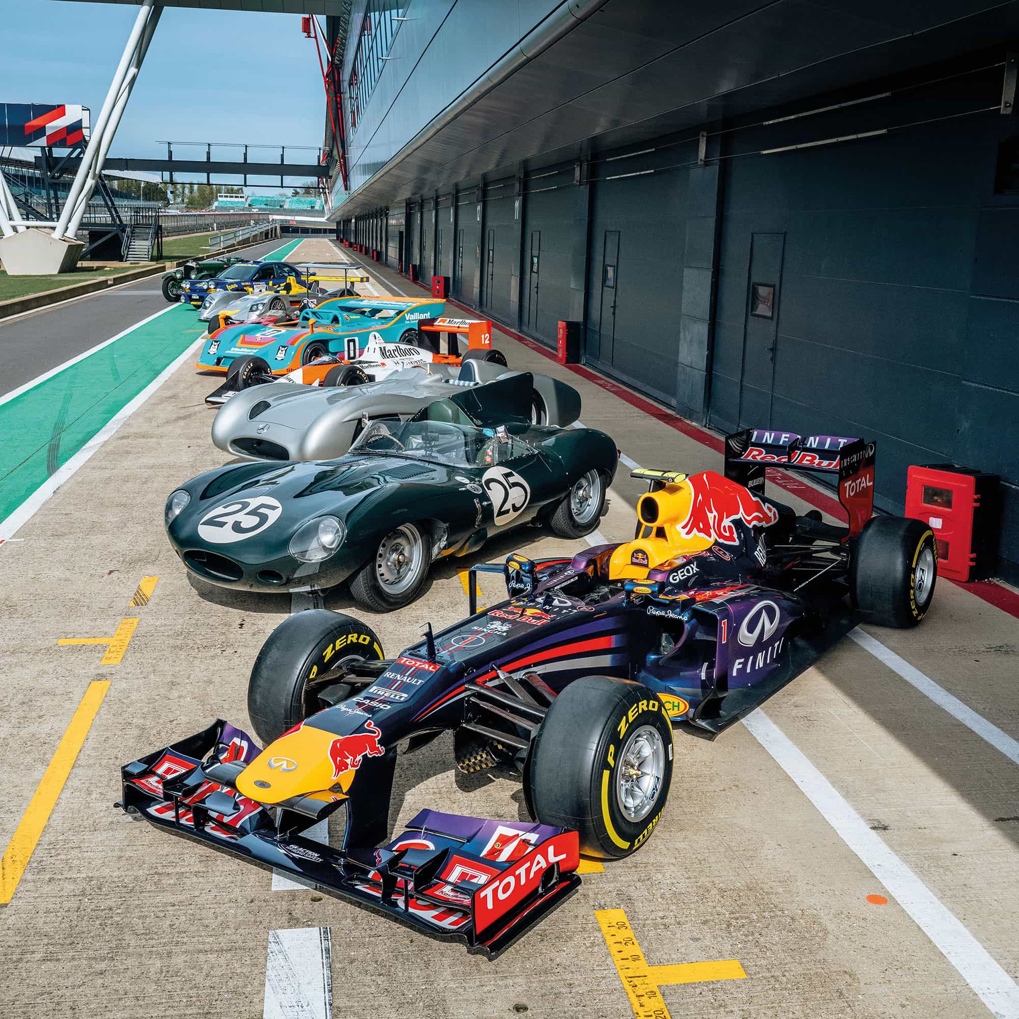 Race car of the century cars lined up at Silverstone MSM
