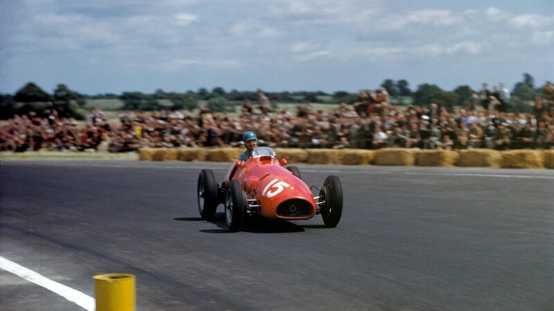Ascari during the 1952 British Grand Prix at Silverstone. He started on equal pole after both he and Ferrari team-mate Giuseppe ‘Nino’ Farina set identical 1:50sec laps. He went on to win by a full lap in his 500