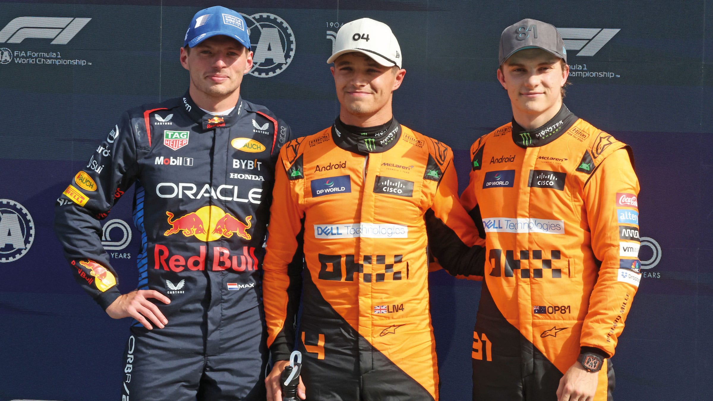 Max Verstappen, Lando Norris and Piastri on podium