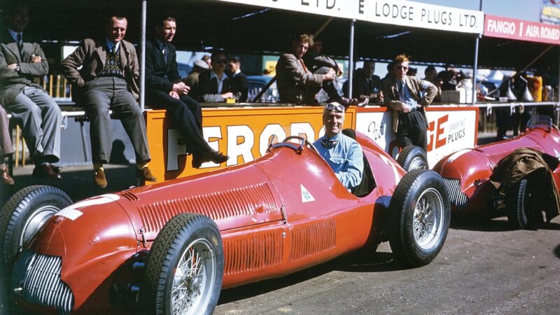 Giuseppe Farina sits ready for the 1950 British GP, the first Formula 1 World Championship event. He would head an Alfetta 158 top four at the finish