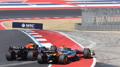 Max Verstappen and Lando Norris run beyond track limits at the start of the 2024 F1 United States Grand Prix