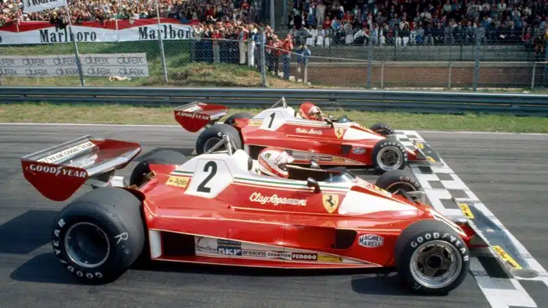 F1 Ferraris of Clay Regazzoni and Niki Lauda on the grid at the 1976 French Grand Prix