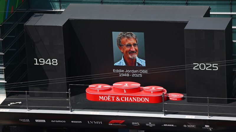 Eddie Jordan tribute displayed on podium at 2025 F1 Chinese Grand Prix