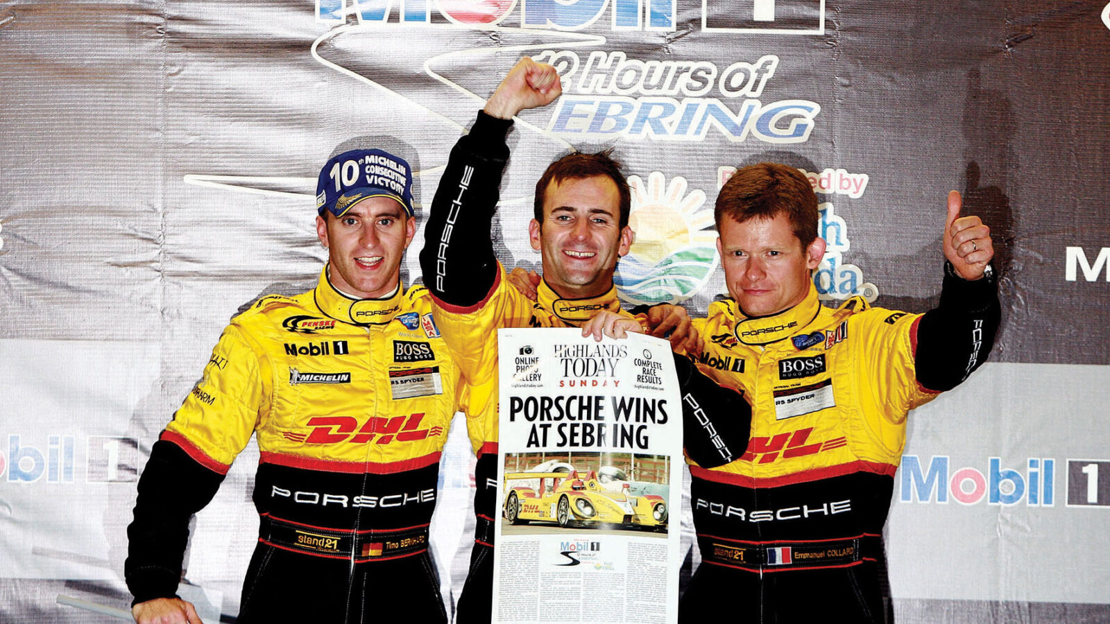 From left: Timo Bernhard, Romain Dumas and Emmanuel Collard make the headlines in 2008