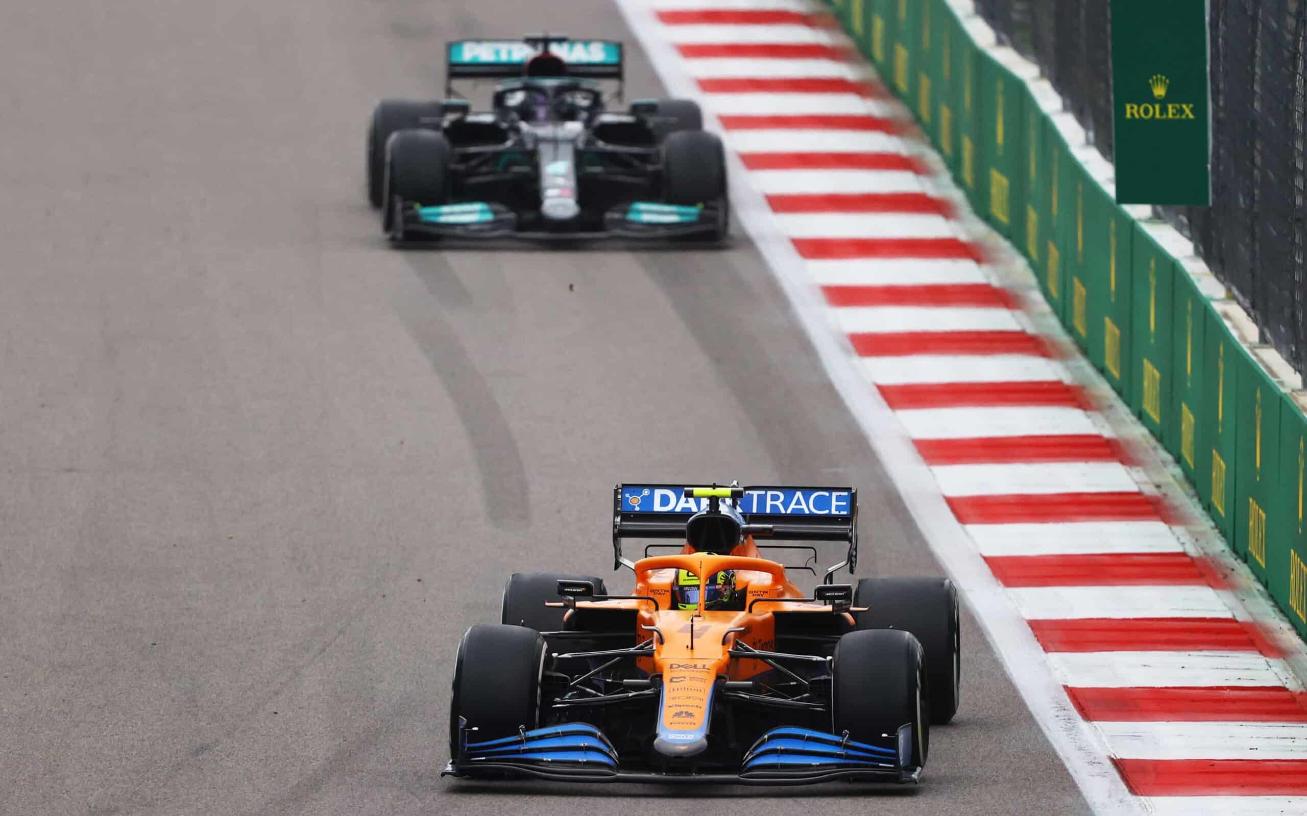 Lando Norris leading Lewis Hamilton