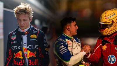 Liam Lawson looks downcast at Chinese Grand Prix next to image of Isack Hadjar shaking hands with Lewis Hamilton