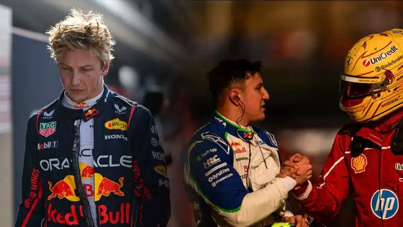 Liam Lawson looks downcast at Chinese Grand Prix next to image of Isack Hadjar shaking hands with Lewis Hamilton