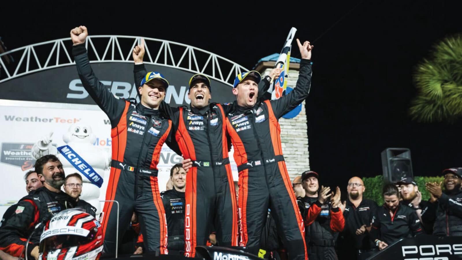 From left: Laurens Vanthoor, Felipe Nasr and Nick Tandy; Porsche’s Sebring wins now total 19, matching its Le Mans tally