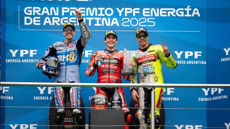 Marc Marquez and Alex Marquez with Franco Morbidelli on podium after 2025 MotoGP Argentine GP