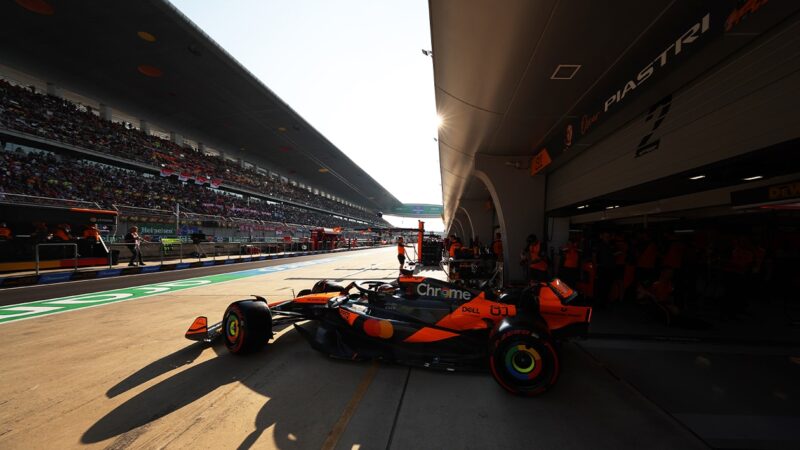 McLaren of Oscar Piastri leaves the pits in practice for the 2025 Chinese Grand Prix