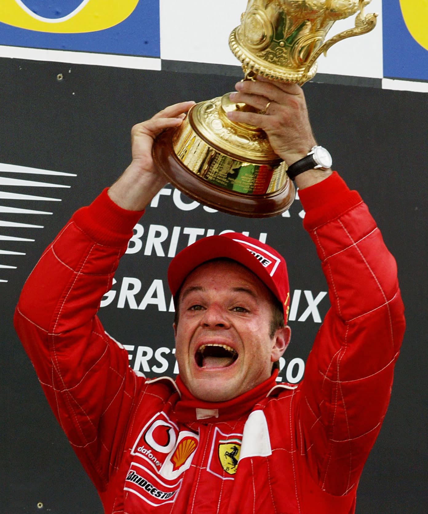 Rubens Barrichello celebrates Silverstone win