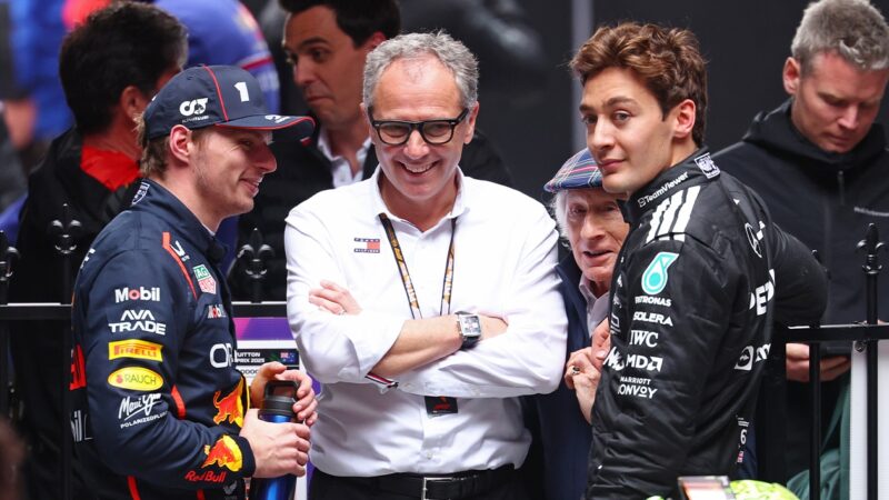 Stefano Domenicali with Max Verstappen and George Russell and Jackie Stewart after 2025 F1 Australian Grand Prix
