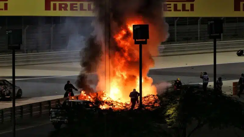 The Haas-Ferrari of Romain Grosjean on fire after a crash in the 2020 Bahrain Grand Prix