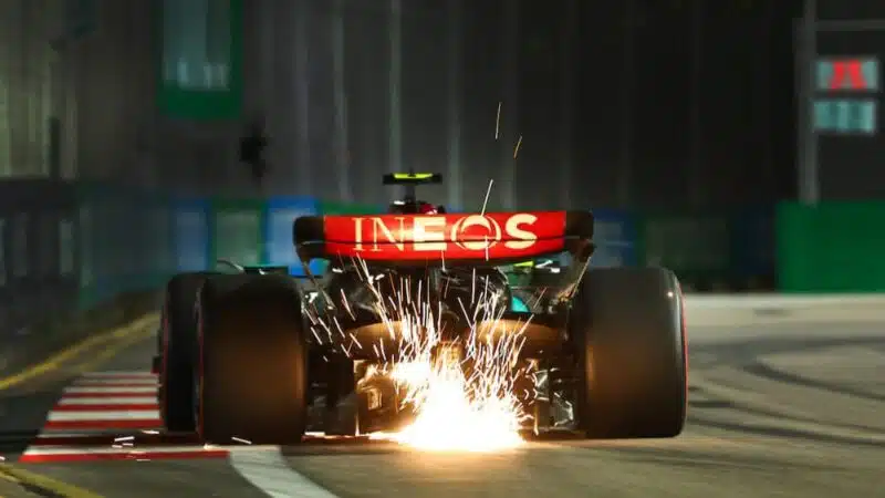 Sparks fly from Lewis Hamilton (Mercedes) during qualifying for the 2024 Singapore Grand Prix.