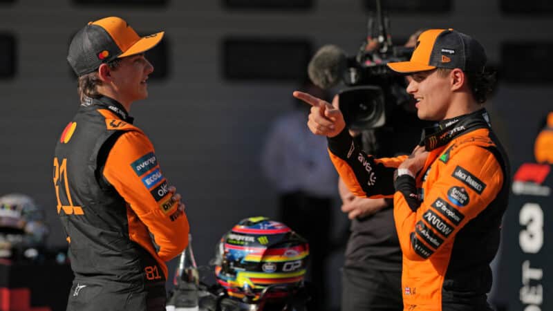 McLaren-Mercedes drivers Oscar Piastri and Lando Norris after qualifying for the 2025 Chinese Grand Prix