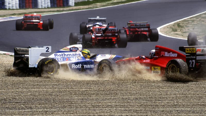 Nicola Larini and Ayrton Senna clash during the 1994 Pacific GP