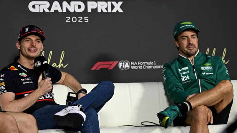 Max Verstappen and Fernando Alonso during a press conference for the Saudi Arabian GP