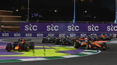 Oscar Piastri and Max Verstappen fight it out at the start of the Saudi Arabian GP