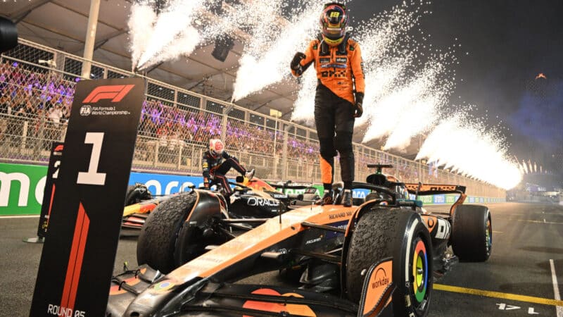 Oscar Piastri celebrates winning the Saudi Arabian GP