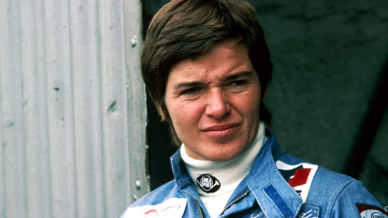 Lella Lombardi in F1 paddock in 1975