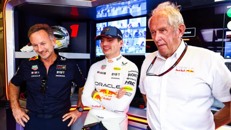 Christian Horner, Max Verstappen and Helmut Marko