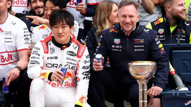 Yuki Tsunoda with Christian Horner after the 2025 F1 Japanese Grand Prix