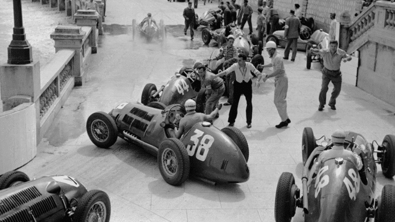 A huge wave hit the circuit at Tabac corner on the opening lap of the 1950 Monaco Grand Prix